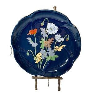 Vintage Yamaji Blue Plate with Flowers 7" Flower Shaped Plate Gold Trim Japan